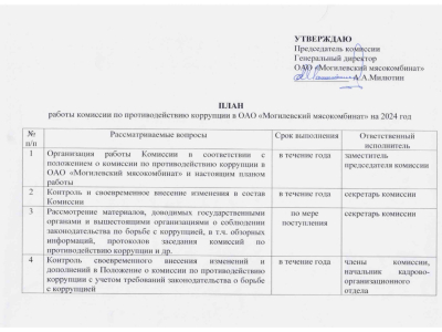 План работы комиссии по противодействию коррупции в ОАО "Могилевский Мясокомбинат" на 2024-й год.